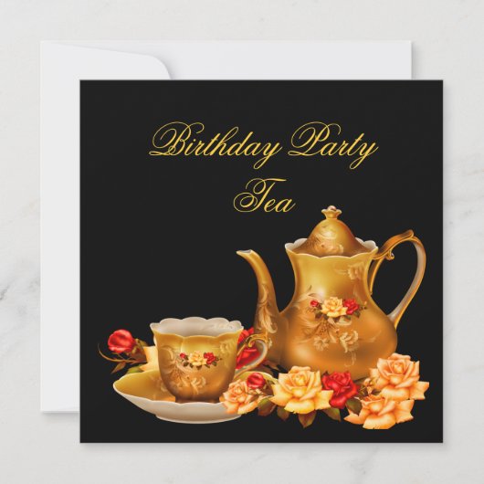 Elegante Birthday Party Tea Black Red Gold Einladung (Vorderseite)