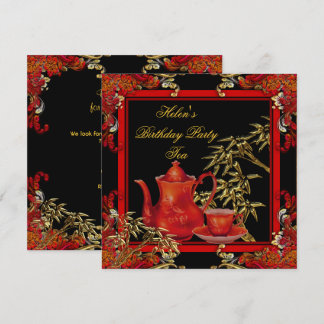 Elegante Birthday Party Tea Red Gold Bamboo Einladung
