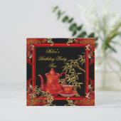 Elegante Birthday Party Tea Red Gold Bamboo Einladung (Stehend Vorderseite)