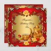 Elegante Birthday Party Tea Red Gold Rose Einladung (Vorne/Hinten)