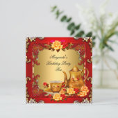 Elegante Birthday Party Tea Red Gold Rose Einladung (Stehend Vorderseite)