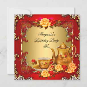 Elegante Birthday Party Tea Red Gold Rose Einladung