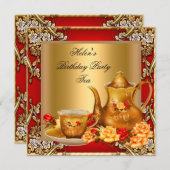 Elegante Birthday Party Tea Red Gold Rose Einladung (Vorne/Hinten)