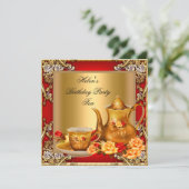 Elegante Birthday Party Tea Red Gold Rose Einladung (Stehend Vorderseite)