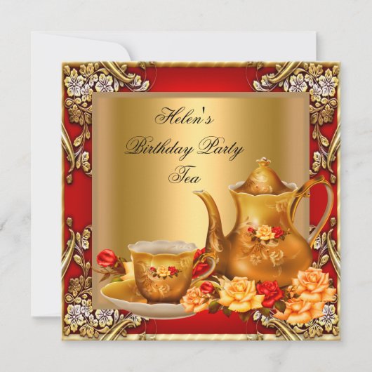 Elegante Birthday Party Tea Red Gold Rose Einladung (Vorderseite)
