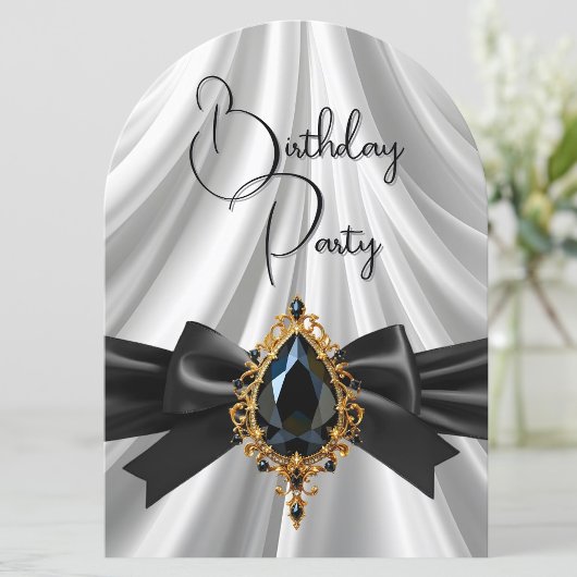 Elegante Birthday White Gold Black Jewel Bow Einladung