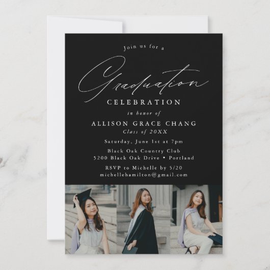 Elegante Black 3 Foto Graduation Party Einladung (Vorderseite)