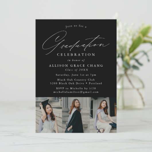 Elegante Black 3 Foto Graduation Party Einladung (Stehend Vorderseite)
