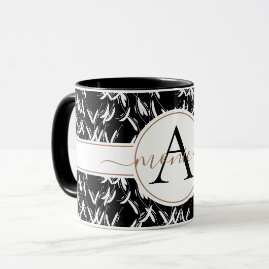 Elegante Black Abstrakt Floral Gold Mit Monogramm  Tasse (Vorderseite Links)