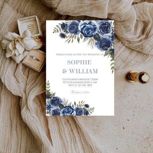 Elegante Black and Blue Rose Wedding Party Einladung