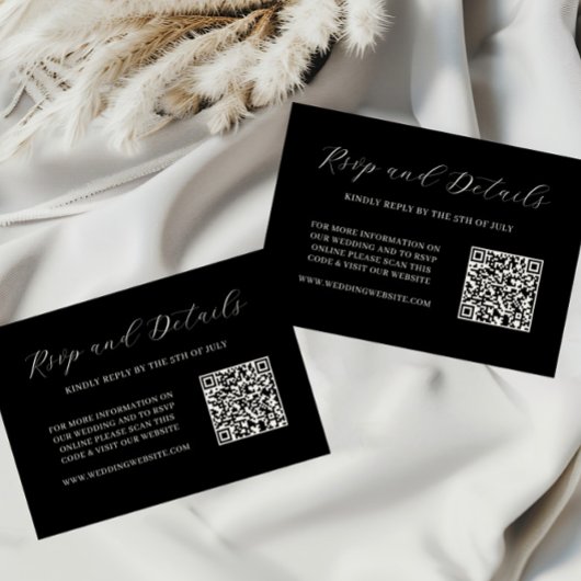 Elegante Black and Cream QR Code Wedding RSVP Card Karte