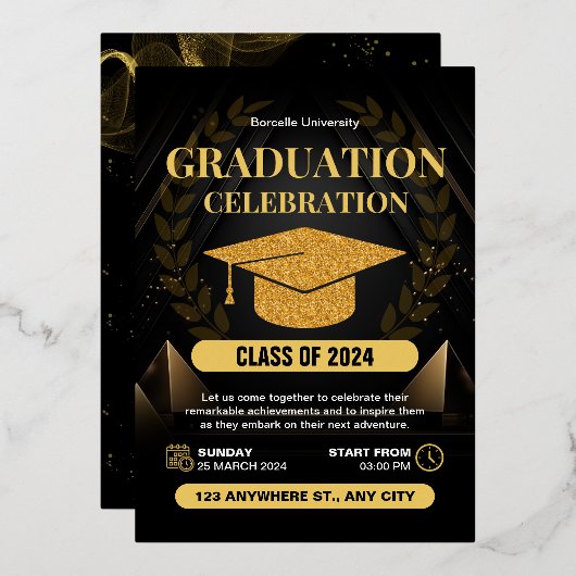 Elegante Black and Gold Abschluss Celebration Folieneinladung (Vorderseite/Rückseite)