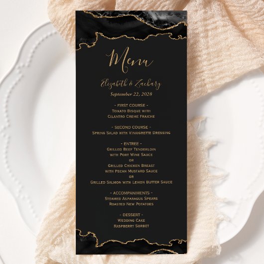 Elegante Black and Gold Agate Dark Wedding Menükarte
