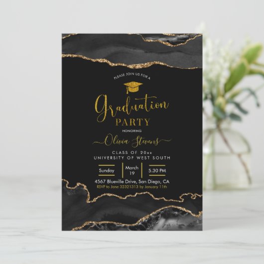 Elegante Black and Gold Agate Graduation Party Einladung (Stehend Vorderseite)