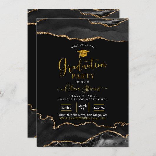 Elegante Black and Gold Agate Graduation Party Einladung (Vorne/Hinten)