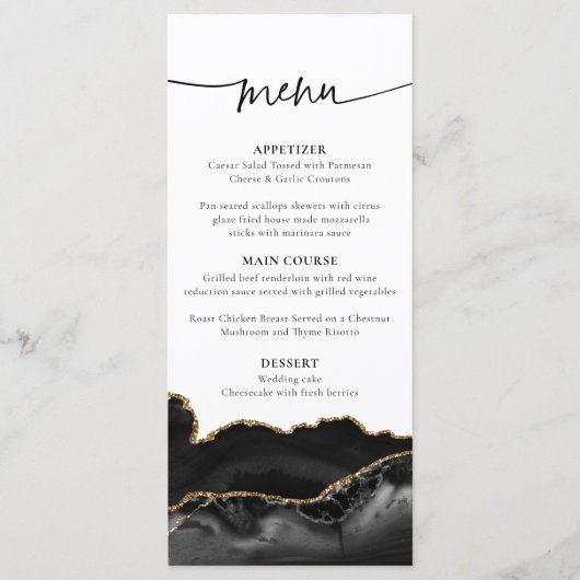 Elegante Black and Gold Agate Wedding Menu Card Menükarte (Vorderseite)