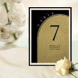 Elegante Black and Gold, Arch Wedding Tischnummer<br><div class="desc">Helfen Sie Ihren Gästen mit dieser eleganten, modernen Tischnummer in Schwarz und Gold, ihren Tisch zu finden. Doppelseitige Karten. Reinigen Sie den Platz um sich herum, um Ihnen die Freiheit zu geben, Tischhalter oder Rahmen zu verwenden. Attraktives Design mit Bogenbogen in Goldfolie bedruckt, schwarzer Hintergrund und Tischnummern und Ihre Details...</div>