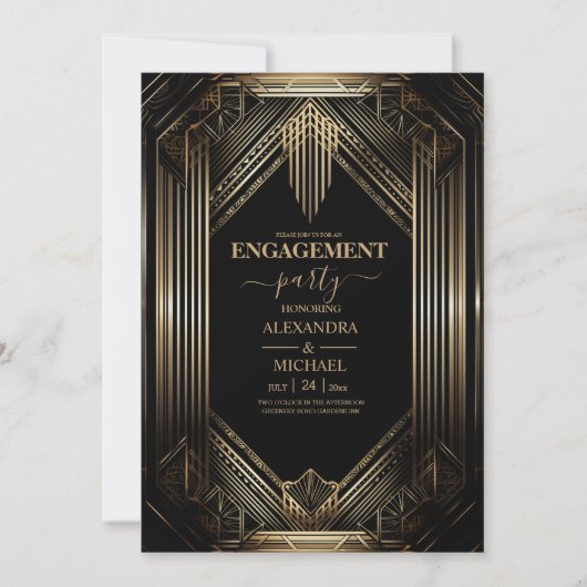 Elegante Black and Gold Art Deco Engagement Party Einladung (Vorderseite)