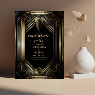Elegante Black and Gold Art Deco Engagement Party Einladung