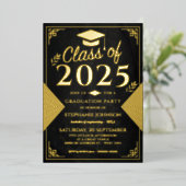 Elegante Black and Gold Art Deco Graduation Party Folieneinladung (Stehend vorne)