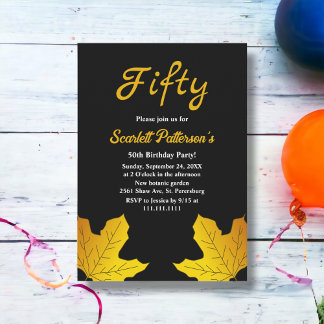 Elegante Black and Gold Blätter Herbst 50. Geburts Einladung