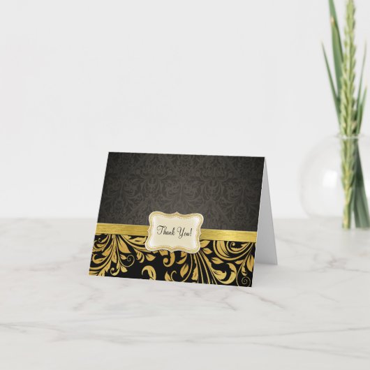 Elegante Black and Gold Damask Dankeschön Card Dankeskarte (Vorderseite)