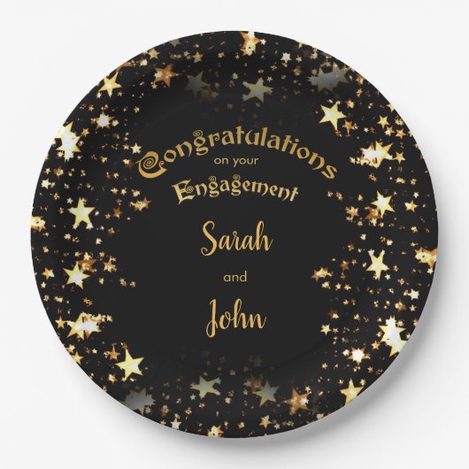 Elegante Black and Gold Engagement Party Pappteller (Vorderseite)