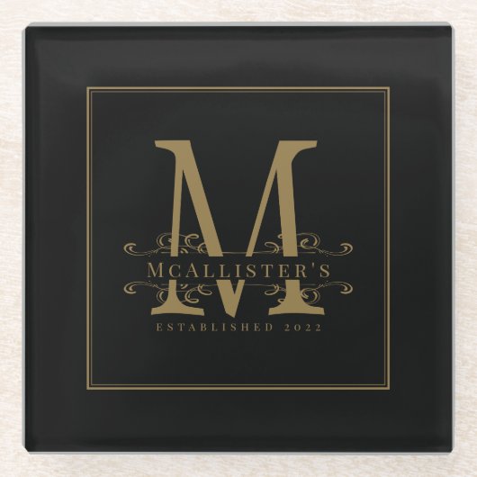 Elegante Black and Gold Family Monogram Class Glasuntersetzer (Vorderseite)