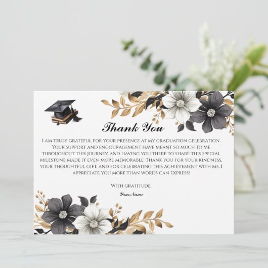 Elegante Black and Gold Floral Dankeschön Karte (Stehend Vorderseite)