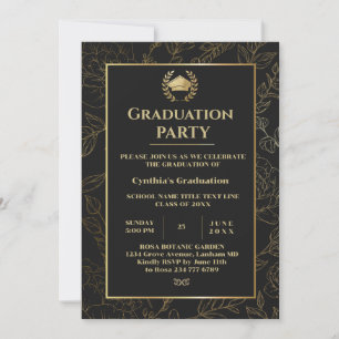 Elegante Black and Gold Floral Graduation Party Einladung