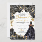 Elegante Black and Gold Floral Quinceanera Invitat Einladung (Vorderseite)