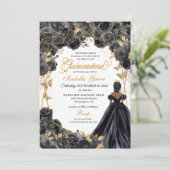 Elegante Black and Gold Floral Quinceanera Invitat Einladung (Stehend Vorderseite)
