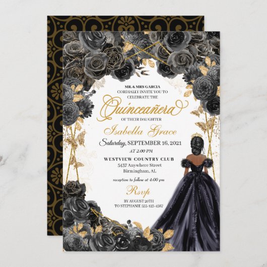 Elegante Black and Gold Floral Quinceanera Invitat Einladung (Vorne/Hinten)