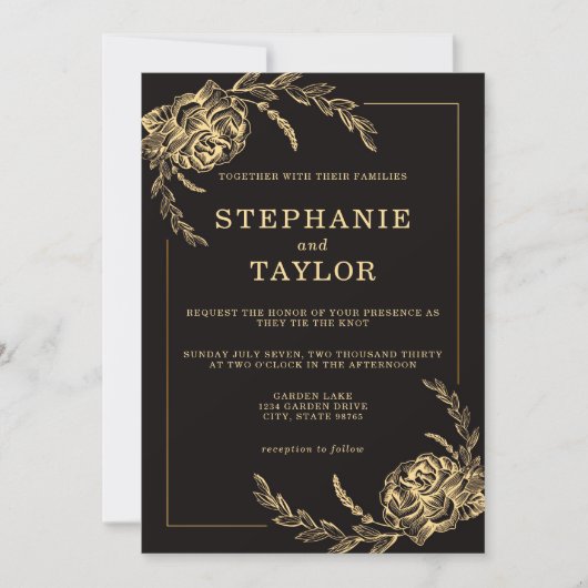 Elegante Black and Gold Foil Rose Hochzeit Einladung (Vorderseite)