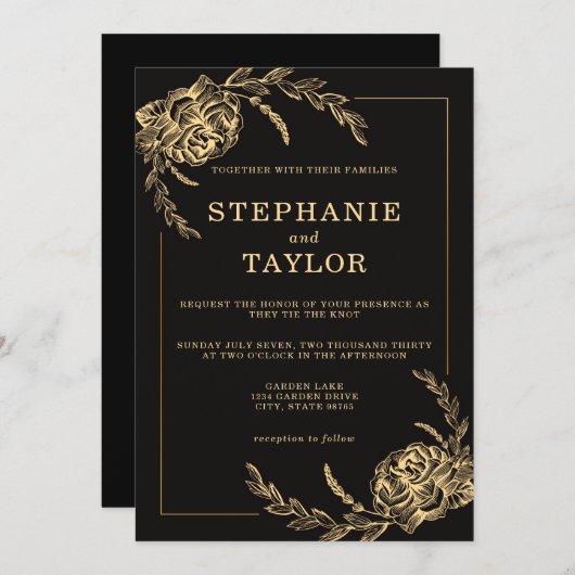 Elegante Black and Gold Foil Rose Hochzeit Einladung (Vorne/Hinten)