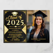 Elegante Black and Gold Foto Graduation Party Folieneinladung (Vorderseite)