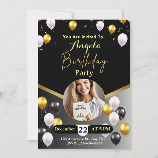 Elegante Black and Gold Geburtstagsparty Einladung (Vorderseite)