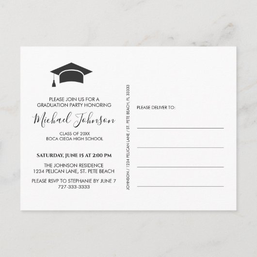 Elegante Black and Gold Graduation Party Ankündigungspostkarte (Rückseite)