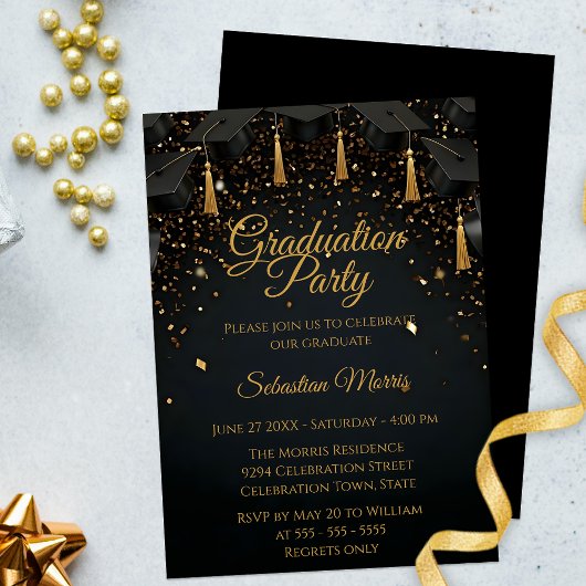 Elegante Black and Gold Graduation Party Einladung