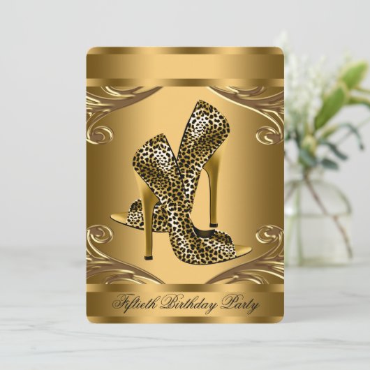 Elegante Black and Gold Leopard Shoe Birthday Part Einladung (Stehend Vorderseite)
