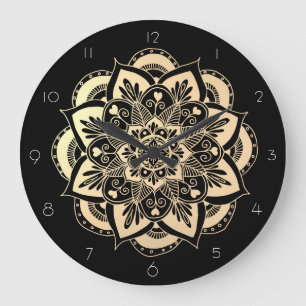 Elegante Black and Gold Mandala Blume Große Wanduhr