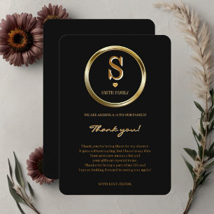 Elegante Black and Gold Monogram Family Baby Dusch Dankeskarte