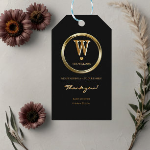 Elegante Black and Gold Monogram Family Baby Dusch Geschenkanhänger