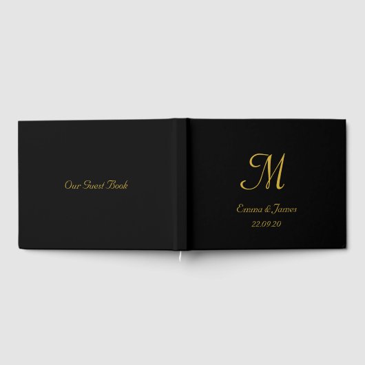 Elegante Black and Gold Monogram Script Hochzeit Gästebuch (Voll)