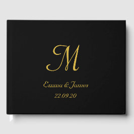 Elegante Black and Gold Monogram Script Hochzeit Gästebuch