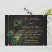 Elegante Black and Gold Peacock Wedding Einladung (Stehend Vorderseite)