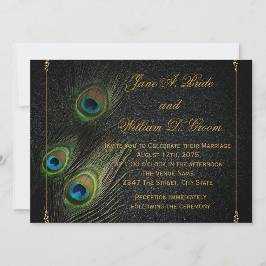 Elegante Black and Gold Peacock Wedding Einladung (Vorderseite)