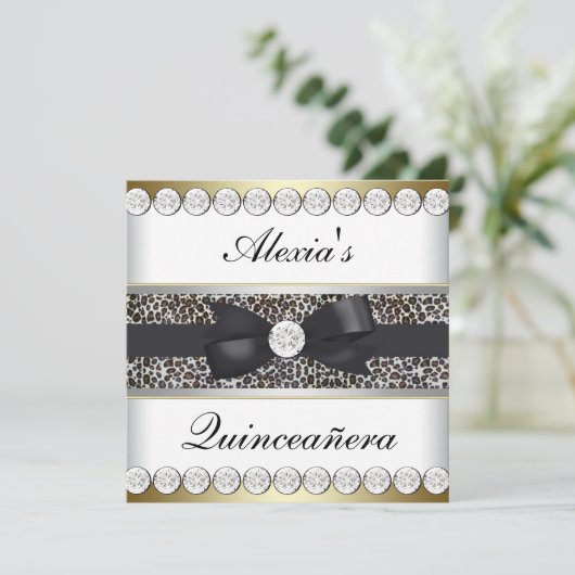 Elegante Black and Gold Quinceanera Einladung (Stehend Vorderseite)