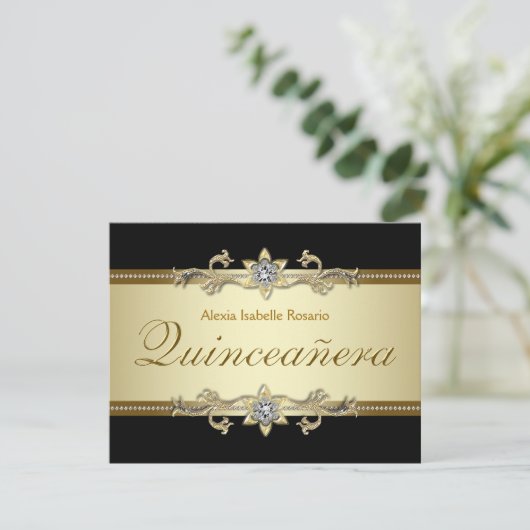 Elegante Black and Gold Quinceanera Einladung (Stehend Vorderseite)
