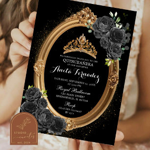 Elegante Black and Gold Quinceanera Einladung